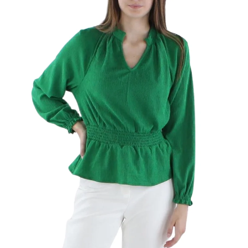 Bamboo ShirtsRILEY & RAE - Crinkled Split Neck Smocked Peplum Blouse