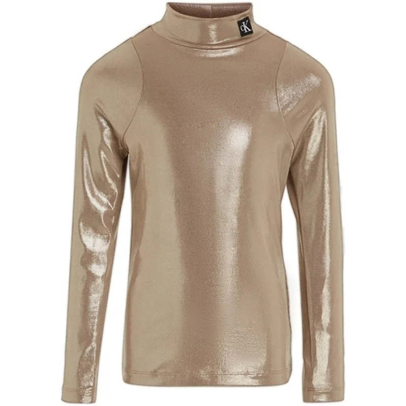 Outdoor ShirtsCalvin Klein Metallic Coated Mockneck Blouse Frosted Almond