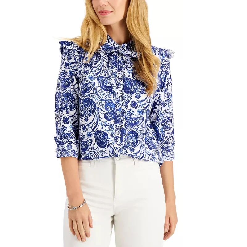 Metallic ShirtsCHARTER CLUB - Tie-Neck Printed Blouse