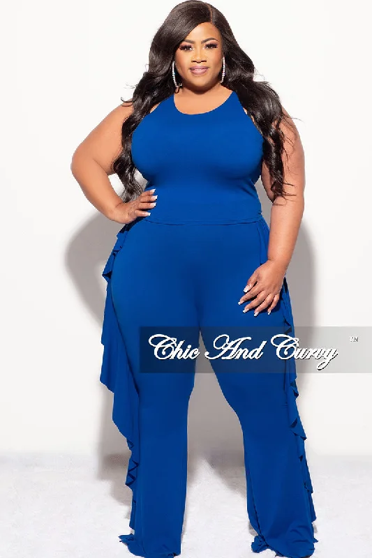 Final Sale Plus Size 2pc Sleeveless Crop Top and Ruffle Trim Pants in Roya BlueCroptopicon