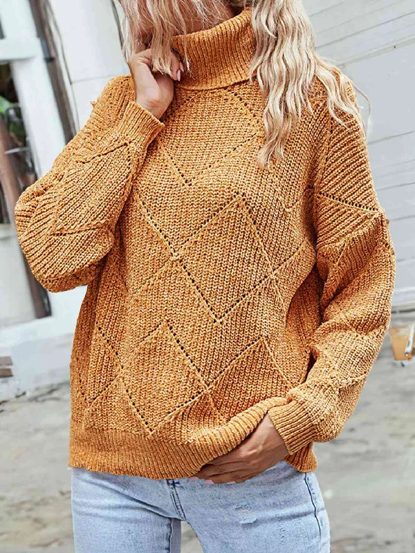 Geometric Turtleneck Long Sleeve SweaterRibbed Cuff Knit Tops