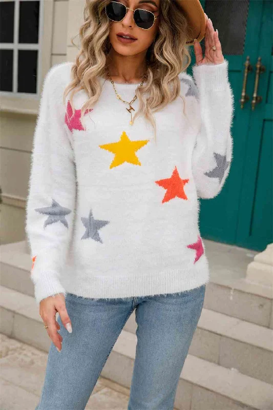 Star Pattern Round Neck Fuzzy SweaterHemp Knit Tops