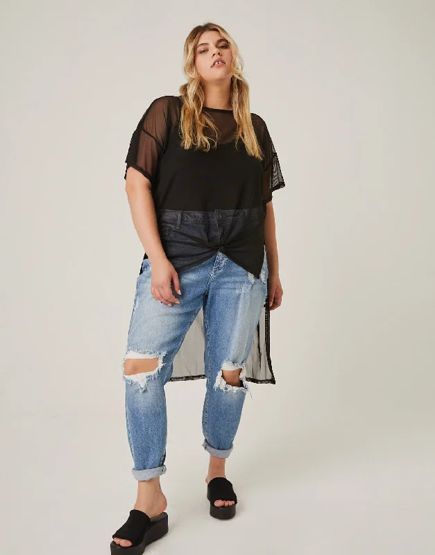 Plus size women's bohemian topsPlus Size High Low Mesh Tee