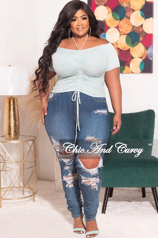 Final Sale Plus Size Ribbed Ruched Drawstring Crop Top in Seafoam GreenCroptopcashmere