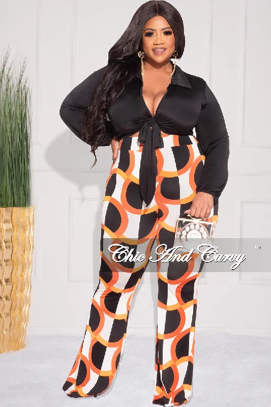 Final Sale Plus Size 2pc Long Sleeve Faux Wrap Collar Crop Tie Top and Pants in Black Multi ColorCroptopvintage