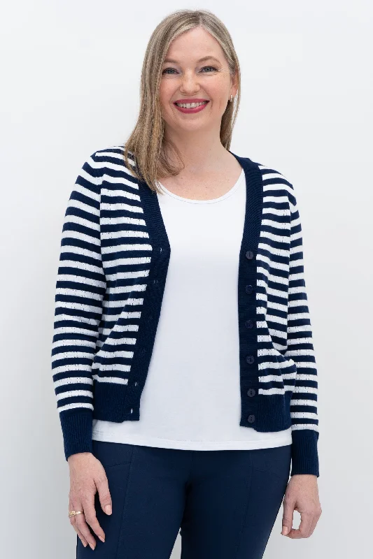 Juniper Sweater, Indigo Stripe, CottonCropped Knit Tops