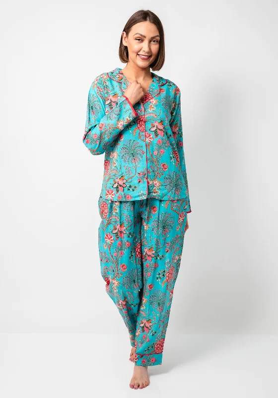 POM Botanical Print Luxury Pyjama Set, Turquoise