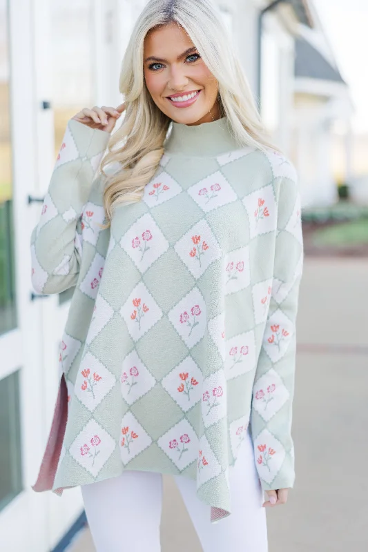 Quick Decisions Sage Green Floral Argyle SweaterPlush Knit Tops