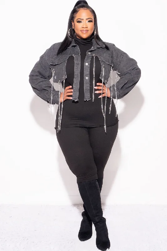 Final Sale Plus Size Chain Fringe Pocket Crop Jacket in Black DenimCroptopsilk