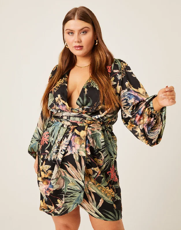 Large women's sweat-wicking topsPlus Size Satin Floral Wrap Dress