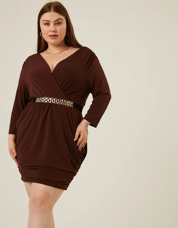 Plus size women's chiffon topsPlus Size Belted Ruched Dress