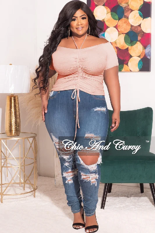 Final Sale Plus Size Ribbed Ruched Drawstring Crop Top in Soft PinkCroptopwoven