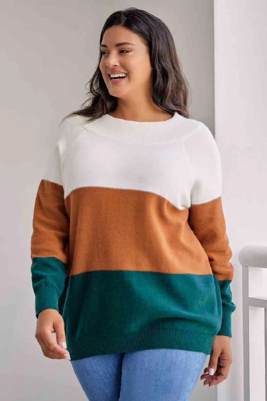 Plus Size Color Block Long Sleeve SweaterCashmere Knit Tops