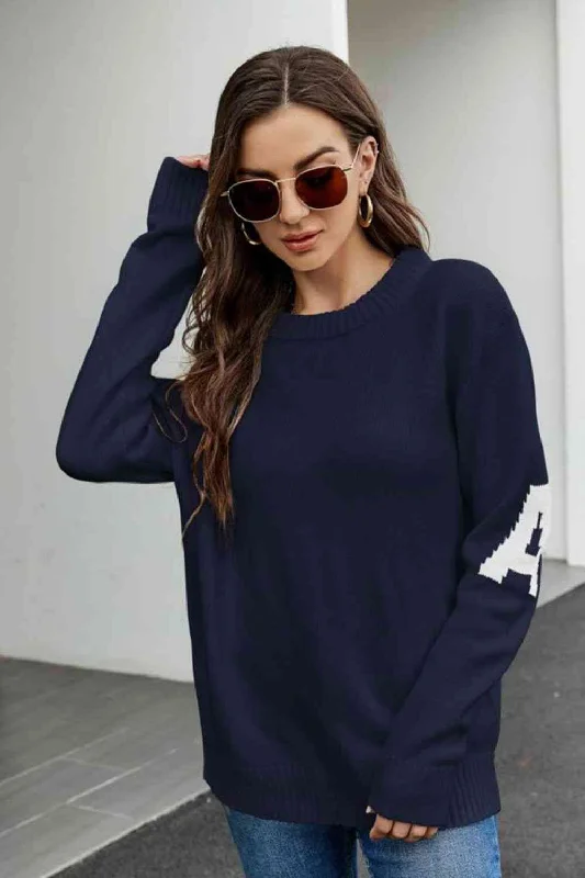 Round Neck Dropped Shoulder SweaterAsymmetrical Knit Tops