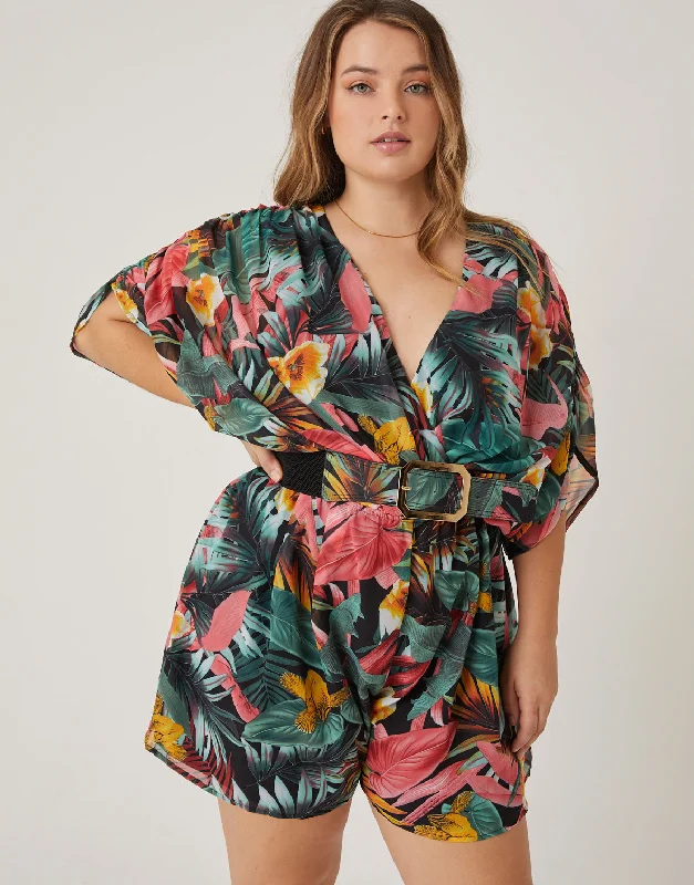 Large women's pullover topsPlus Size Vibrant Tropical Printed Romper