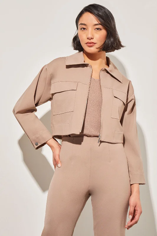 Cropped Jacket - Utility Pocket Stretch Ponte, JavaCroptopbreathable