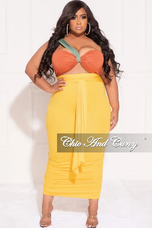 Final Sale Plus Size 2pc One Shoulder Twist Front Crop Top and Ruched Skirt in Yellow Dark Rust and GreenCroptopchic