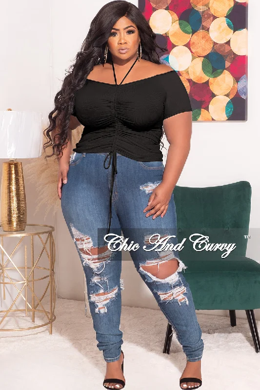 Final Sale Plus Size Ribbed Ruched Drawstring Crop Top in BlackCroptopsilk