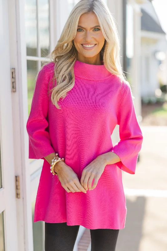 With Ease Fuchsia Pink Mock Neck Sweater TunicFitted Knit Tops