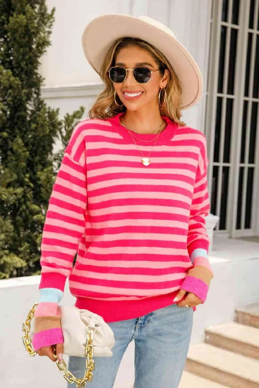 Warm Spice Striped Round Neck SweaterWool Knit Tops