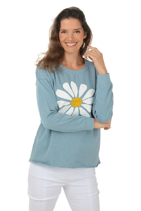 Misty Blue Big Daisy Drop Shoulder SweatshirtYoga Knit Tops