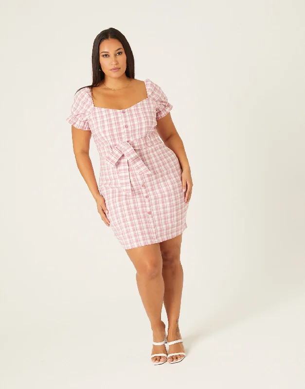 Large women's blended topsPlus Size Plaid Puff Sleeve Dress