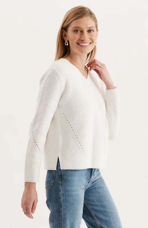 Mineral Wash V Neck Sweater - WhiteRibbed Knit Tops