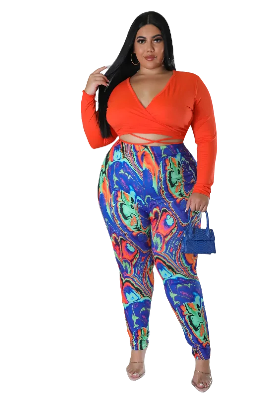 Final Sale Plus Size 2pc Long Sleeve Faux Wrap Collar Orange Crop Tie Top and Pants in Multi Color Swirl PrintCroptopmobile