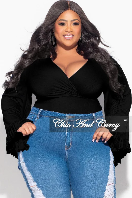 Final Sale Plus Size Crop Tie Top with Bell Sleeves in BlackCroptopwoven