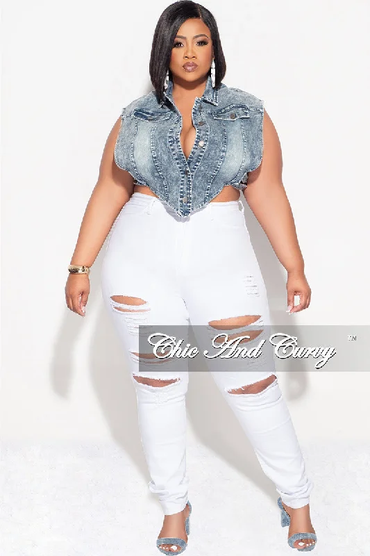 Final Sale Plus Size Button Up Collar Crop Vest with Cutout Sides in Denim Acid WashCroptopcustom