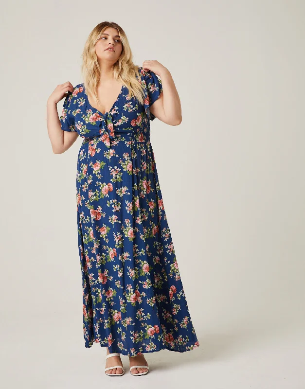 Large women's belly-baring topsPlus Size Tie Front Floral Maxi Dress