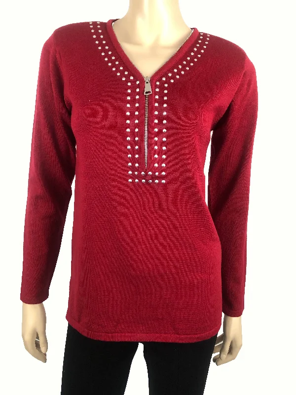 Women's Sweater Red Elegant Quality Sweater Top With Stunning Details Now on SaleCasual Knit Tops