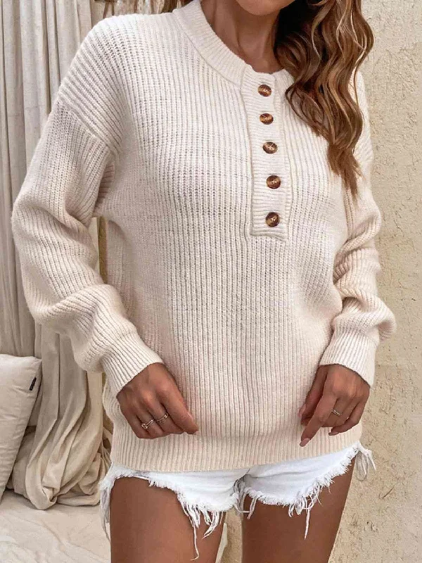 Round Neck Ribbed Button-Down SweaterAsymmetrical Knit Tops