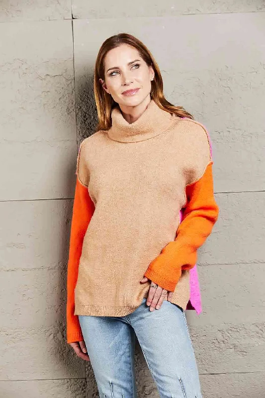 Double Take Color Block Turtleneck Slit SweaterGraphic Knit Tops