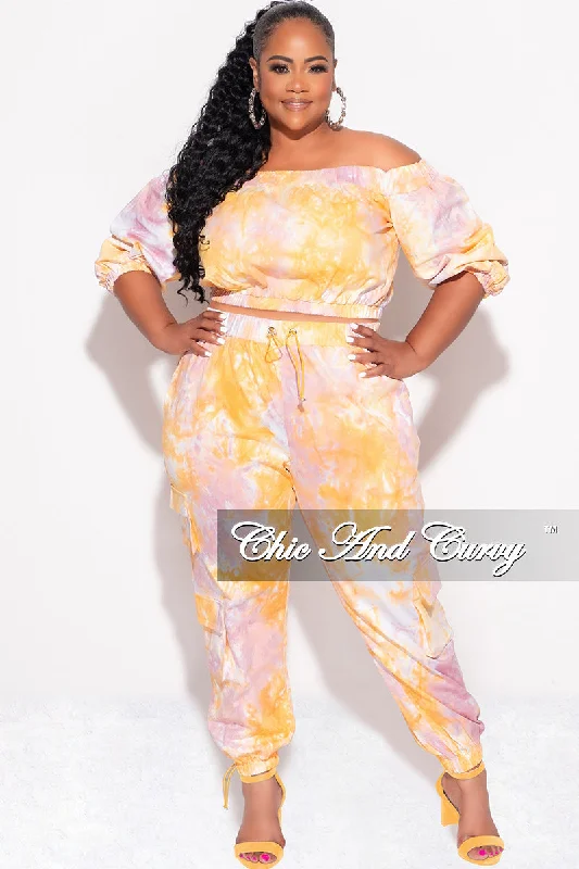 Final Sale Plus Size 2pc Off the Shoulder Crop Top & Cargo Pants in Pink & OrangeCroptopblockchain