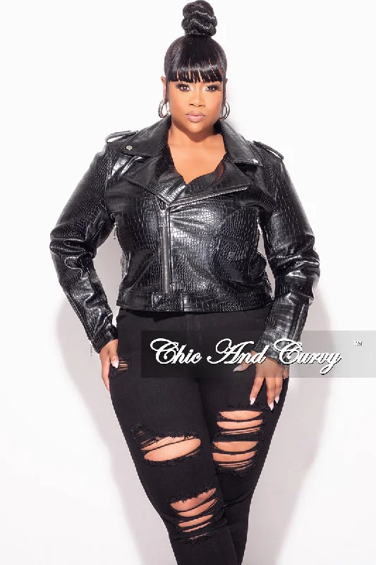 Final Sale Plus Size Heavy Crocodile Cropped & Belted Vegan Leather Jacket in BlackCroptoptrendsetter