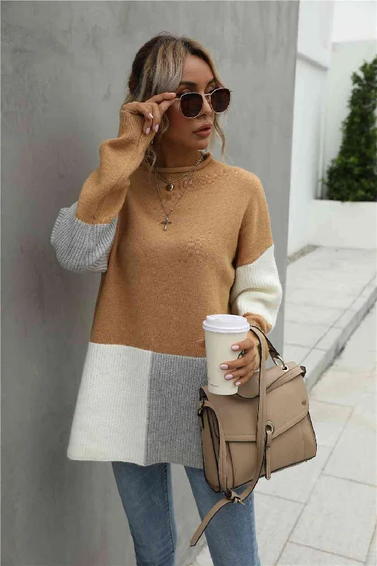 Color Block Round Neck Dropped Shoulder SweaterPlush Knit Tops