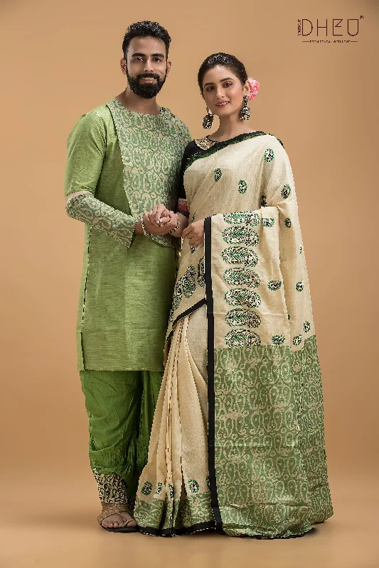 Sobuj Dip- Saree, Kurta & Dhoti(Optional) Couple Set