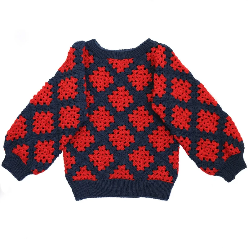 Luca Sweater in Blueprint / Jazzy Red by Kalinka - Last Ones In Stock - 4-8 YearsButton-Up Knit Tops