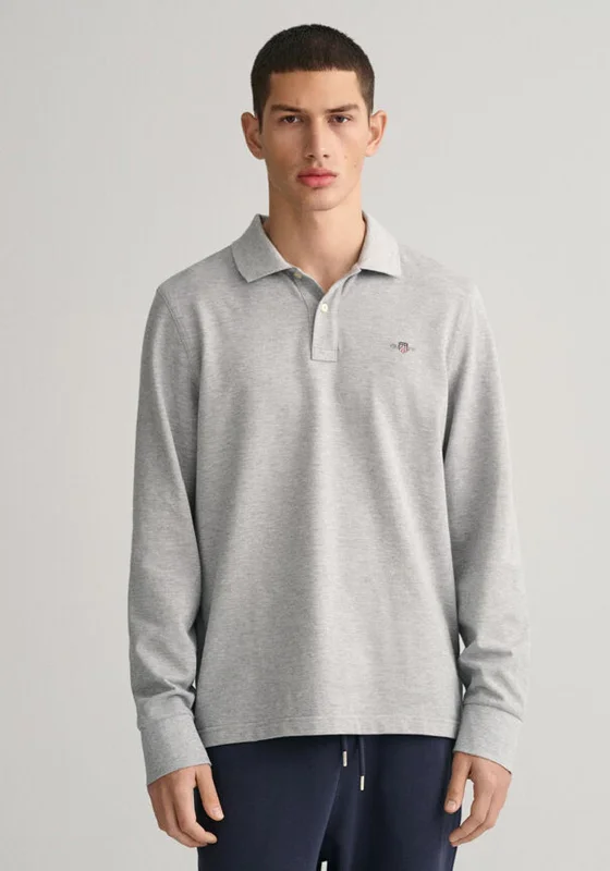 Silk polo shirtGant Shield Long Sleeve Pique Polo Shirt, Grey Melange