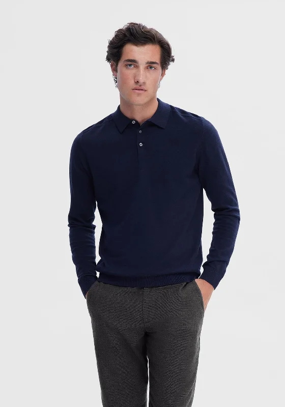 Longline polo shirtSelected Homme Berg Long Sleeve Polo Shirt, Navy Blazer