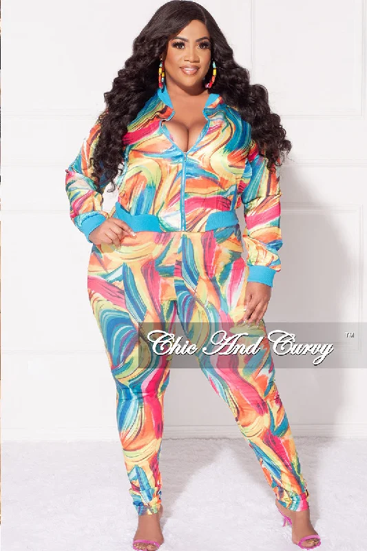 Final Sale Plus Size 2pc Cropped Satin Zip-Up Jacket and Pants Set in Multi Color Swirl PrintCroptopapp