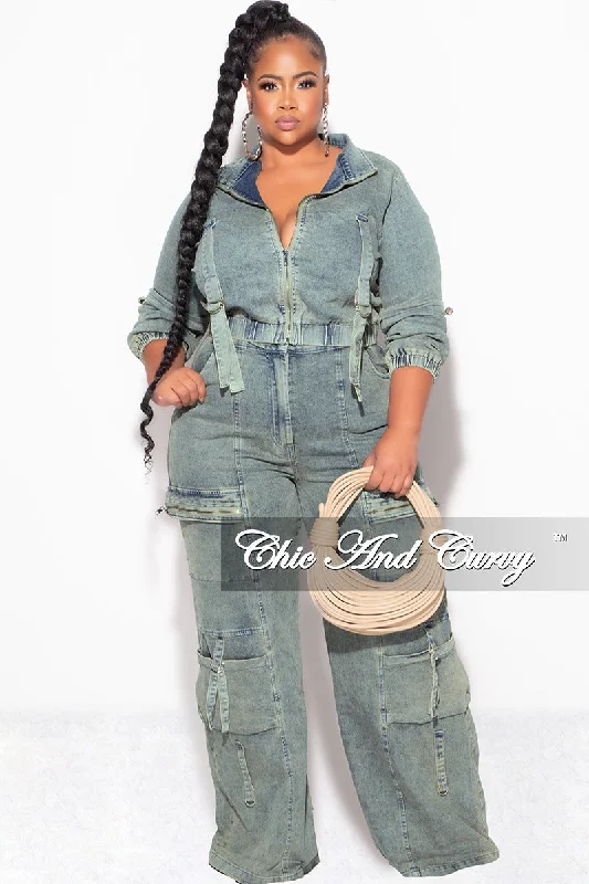 Final Sale Plus Size Zip Up Crop Cargo Jacket & Jeans Set in Warm OliveCroptoptraditions