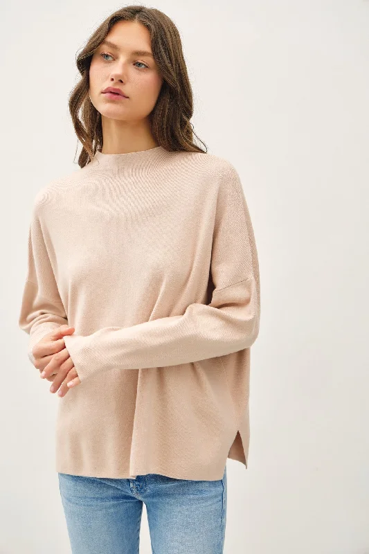 Beige Relaxed Fit Mock Neck SweaterStriped Knit Tops