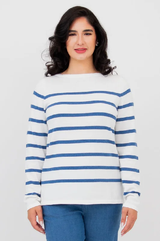 Frida Sweater, Denim Stripe, CottonRibbed Cuff Knit Tops