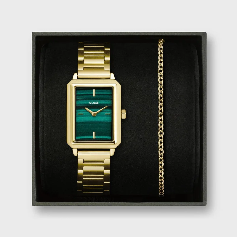 Cluse Fluette Watch & Chain Bracelet Gift Set, Gold & Green