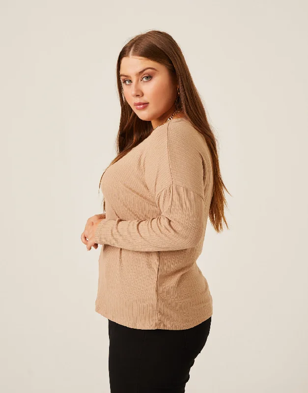 Large women's polyester topsPlus Size Rib Knit Long Sleeve Top