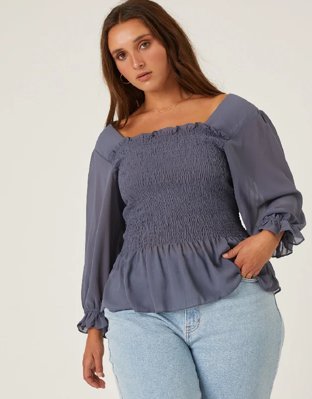 Large women's belly-baring topsPlus Size Long Sleeve Smocked Top