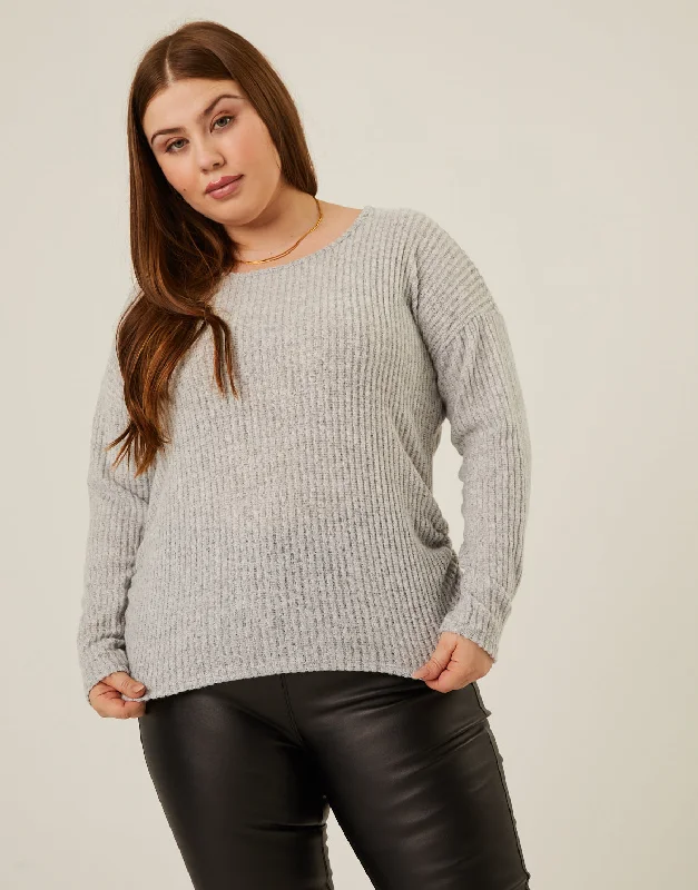 Plus size women's chiffon topsPlus Size Soft Ribbed Long Sleeve Tee