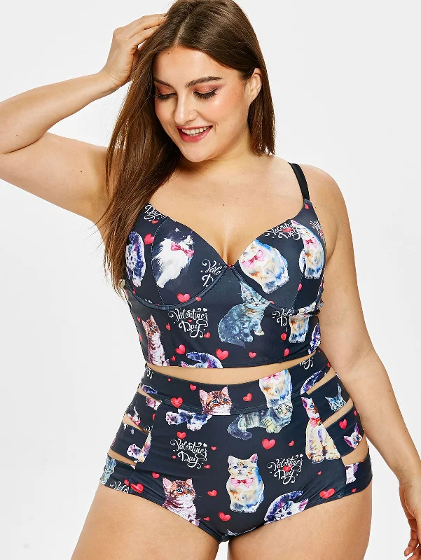 Cat Print Plus Size Valentine Women Set Summer Beachwear Padded Wire Free Crop Top High Waist Briefs Two Piece Sets 2019